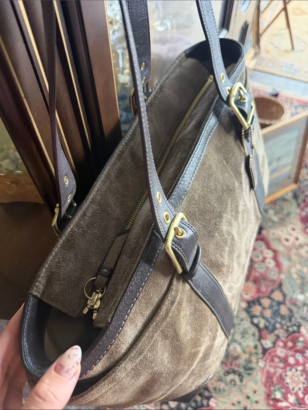 vintage Coach Carly taupe suede and leather shoulder tote featuring dark brown l